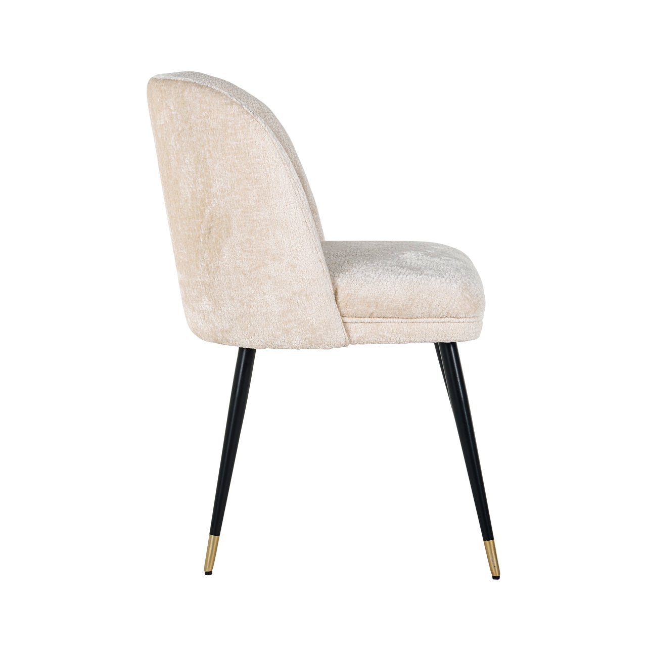 Contemporary dining chair in cream upholstery with black and gold legs