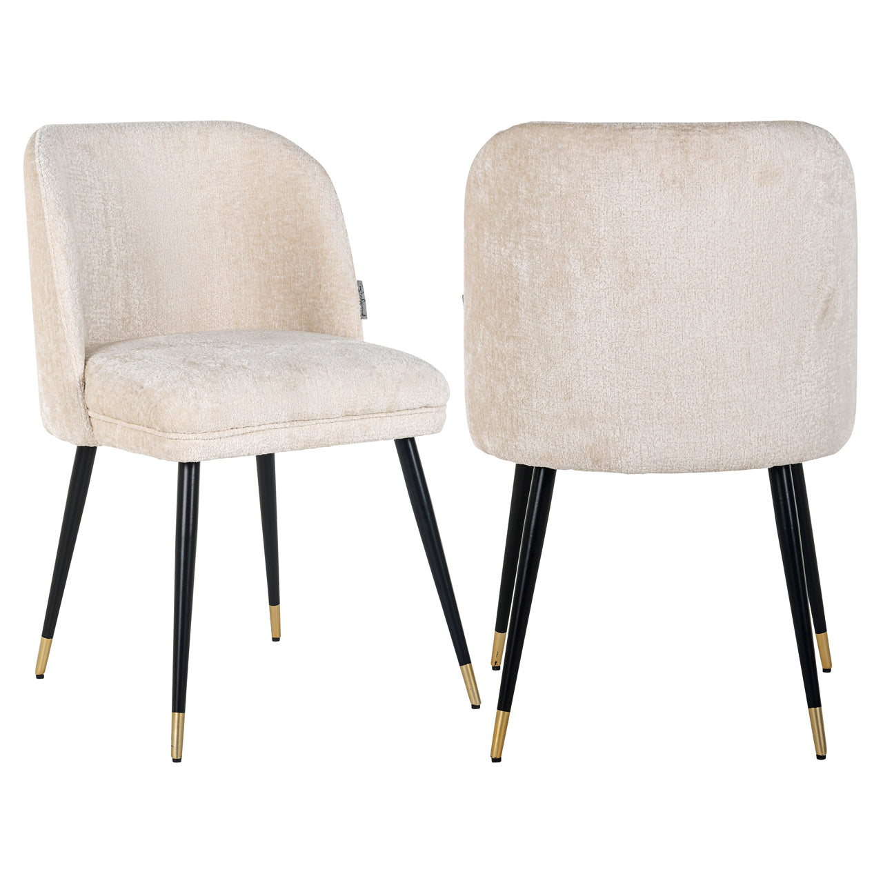 Contemporary dining chair in cream upholstery with black and gold legs