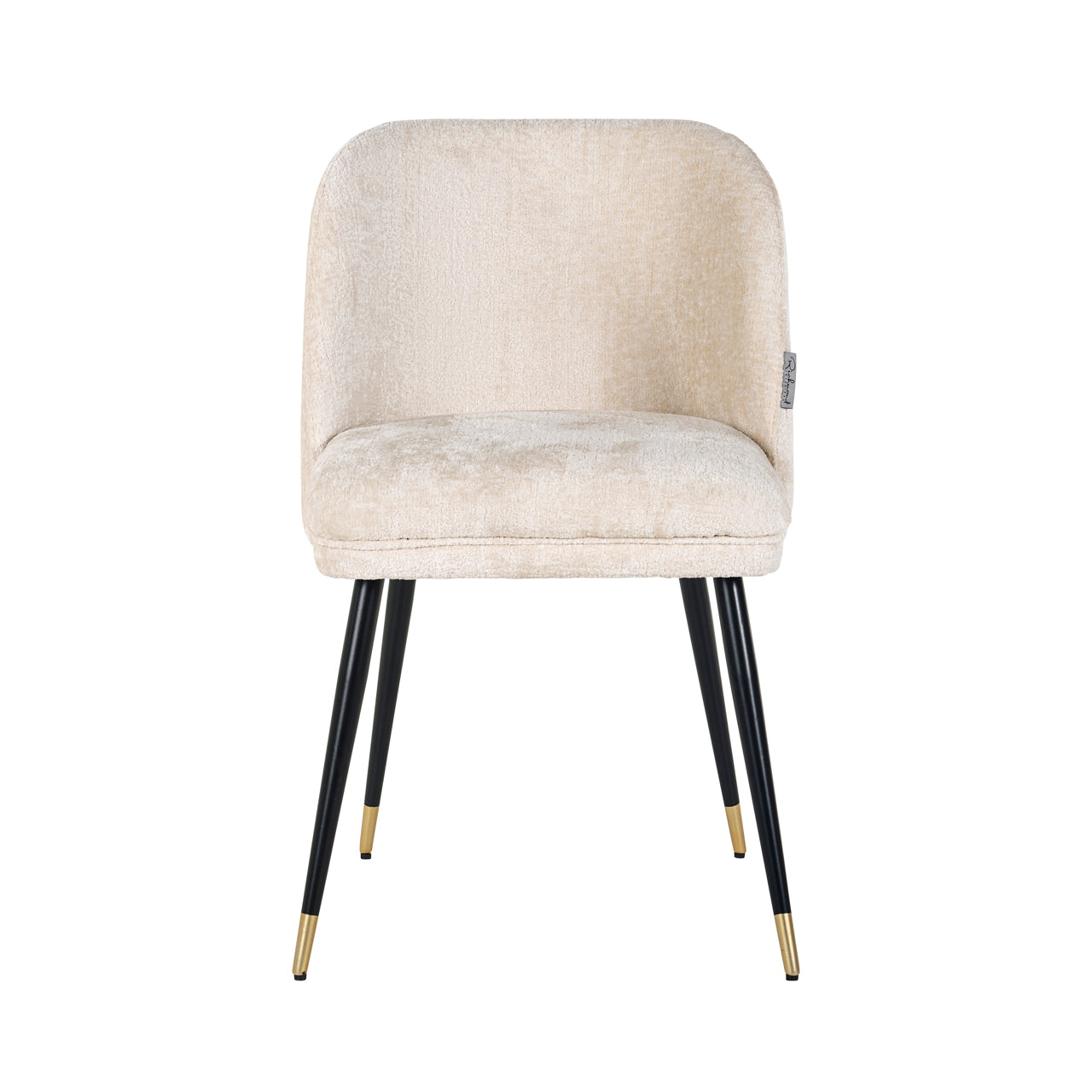 Contemporary dining chair in cream upholstery with black and gold legs