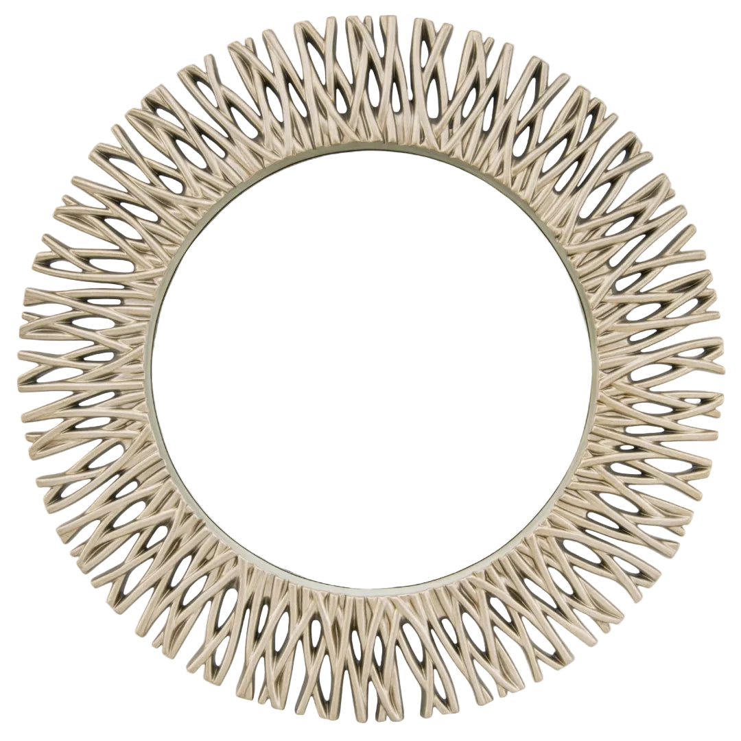 Decorative round wall mirror in champagne metallic finish with sculptural branch detailing