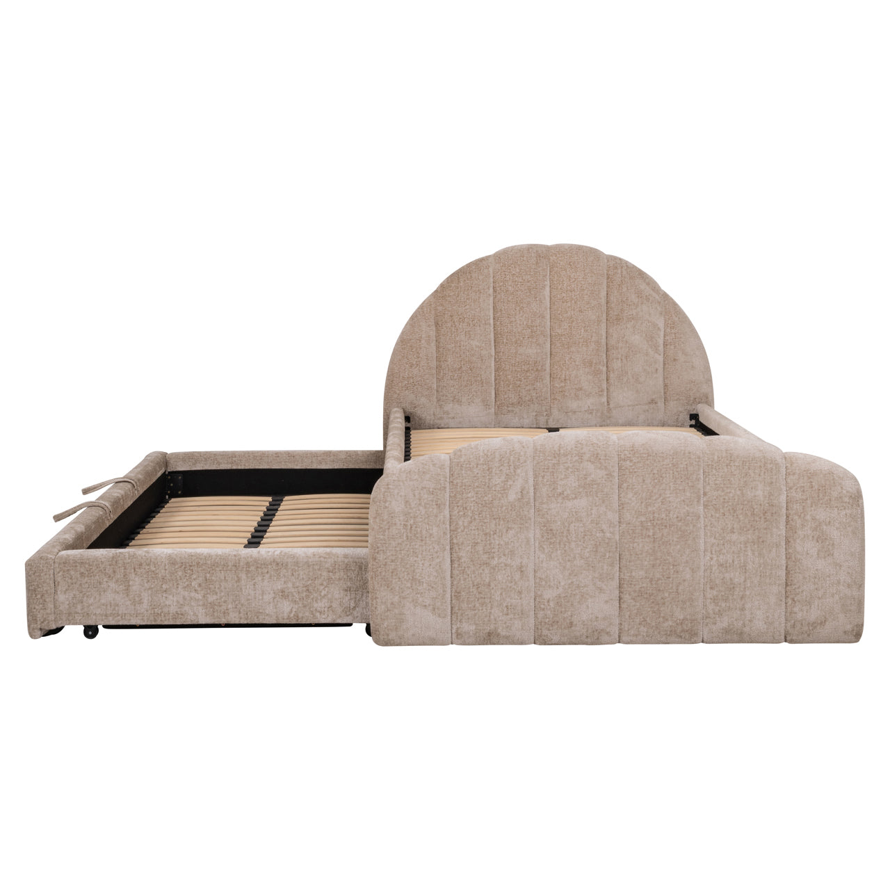Beige scalloped upholstered bed frame