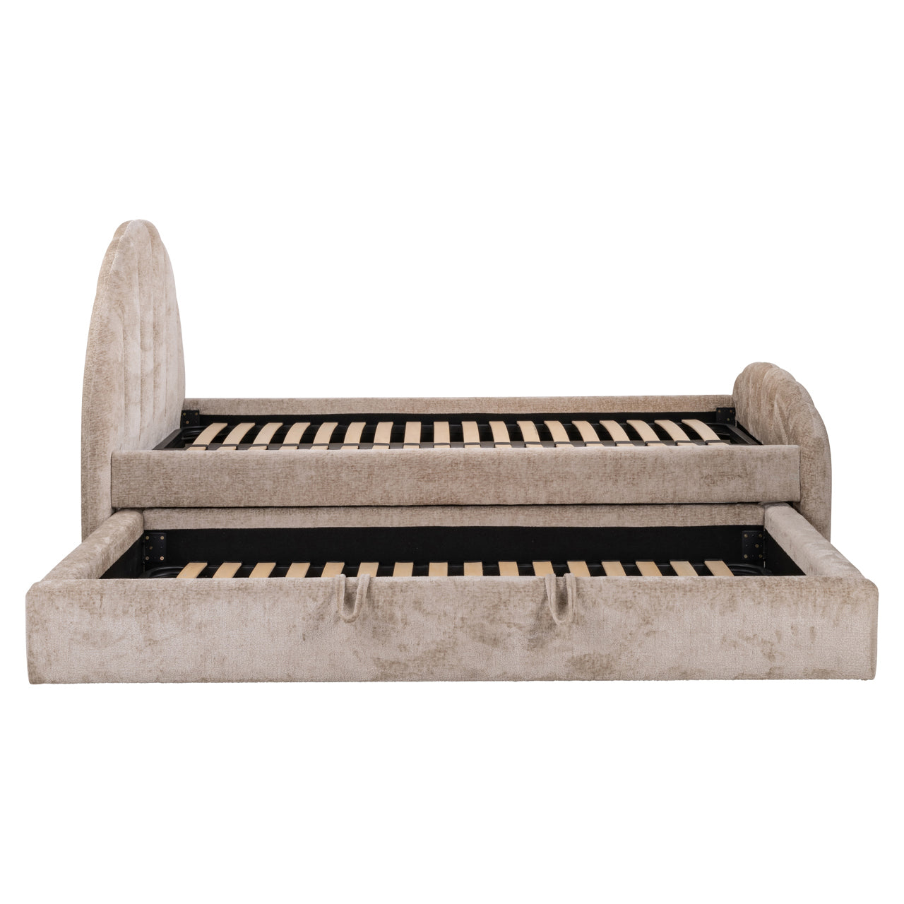 Beige scalloped upholstered bed frame
