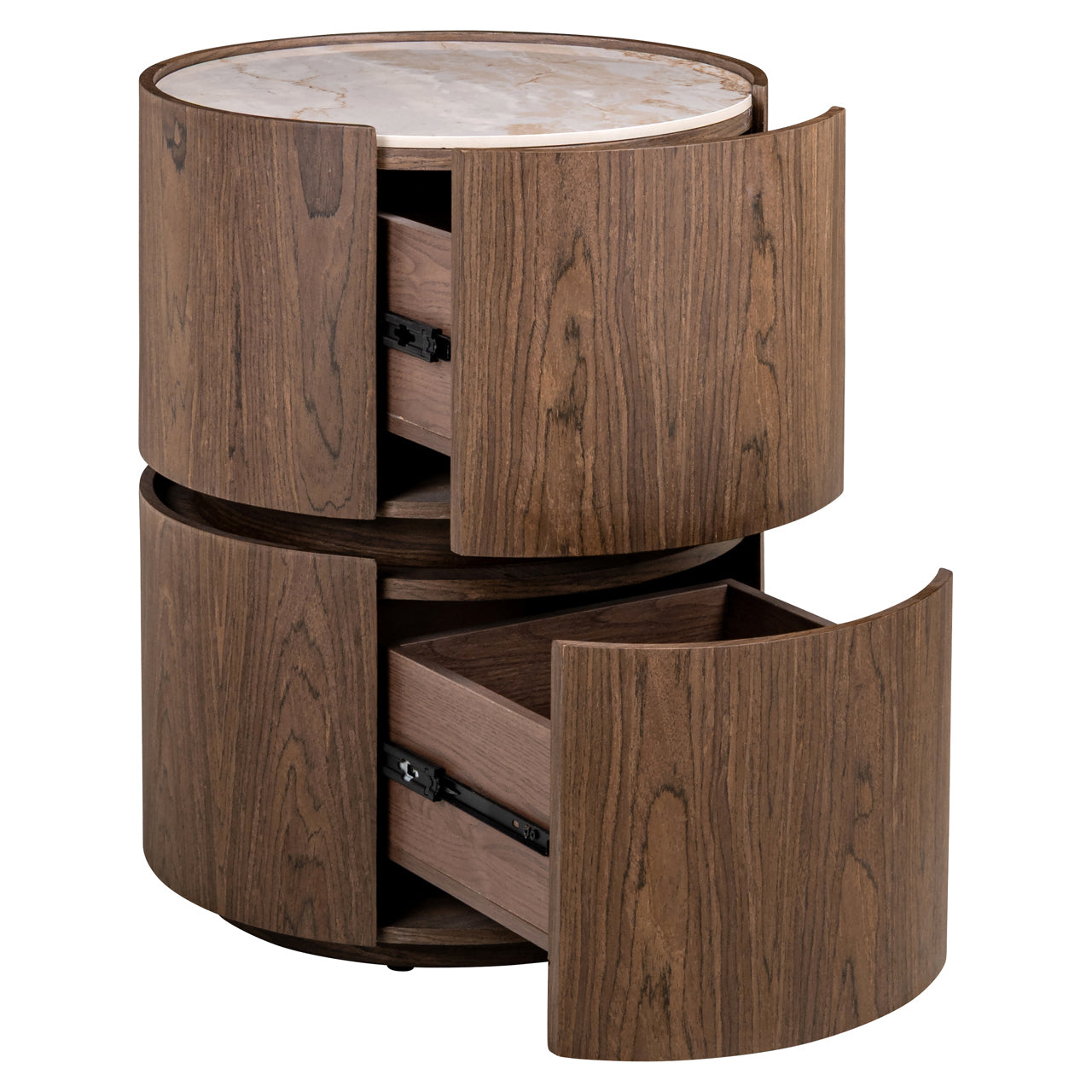 Round wooden end table with storage drawers and marble top in warm brown finish