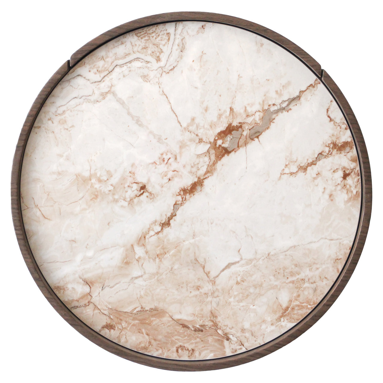 Round wooden end table with storage drawers and marble top in warm brown finish