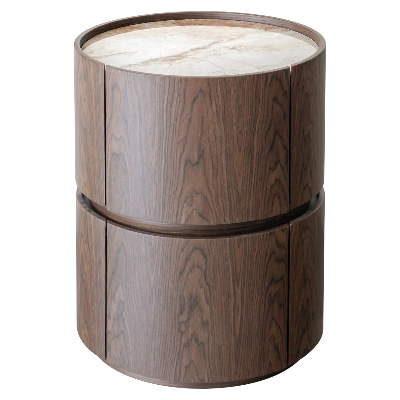 Round wooden end table with storage drawers and marble top in warm brown finish
