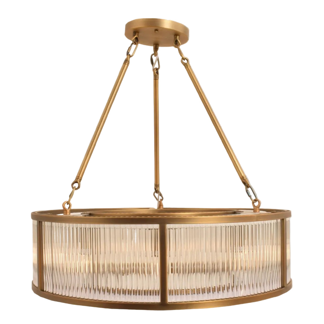 Antique brass ceiling light with ribbed glass shade