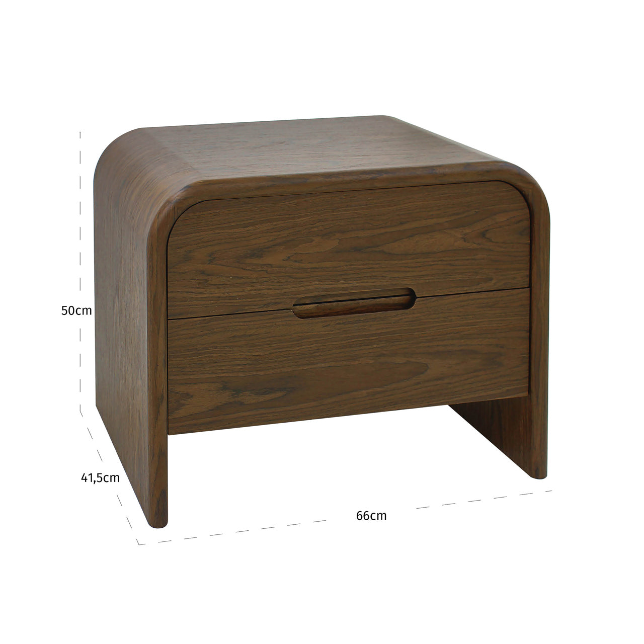Modern curved wooden end table with 2 drawers in warm brown finish
