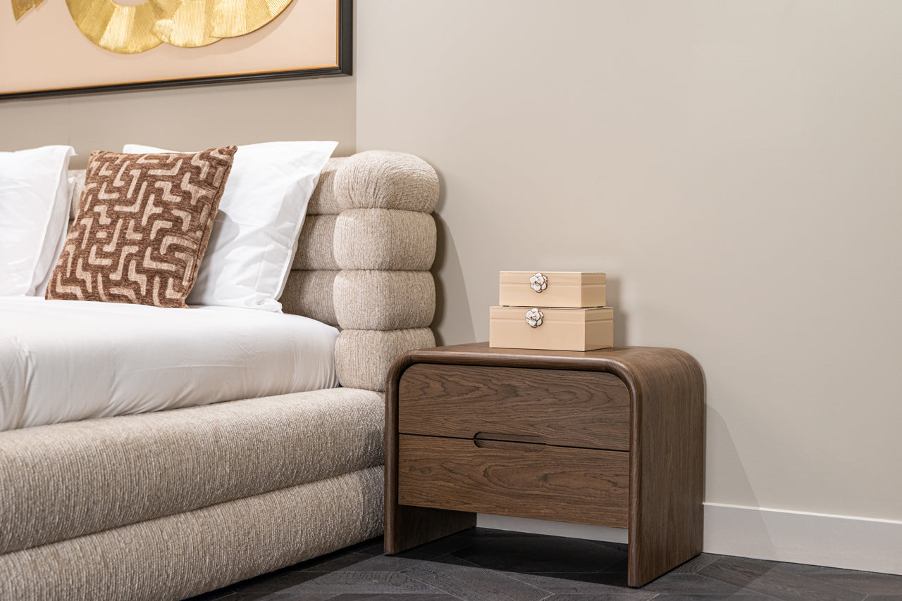 Modern curved wooden end table with 2 drawers in warm brown finish