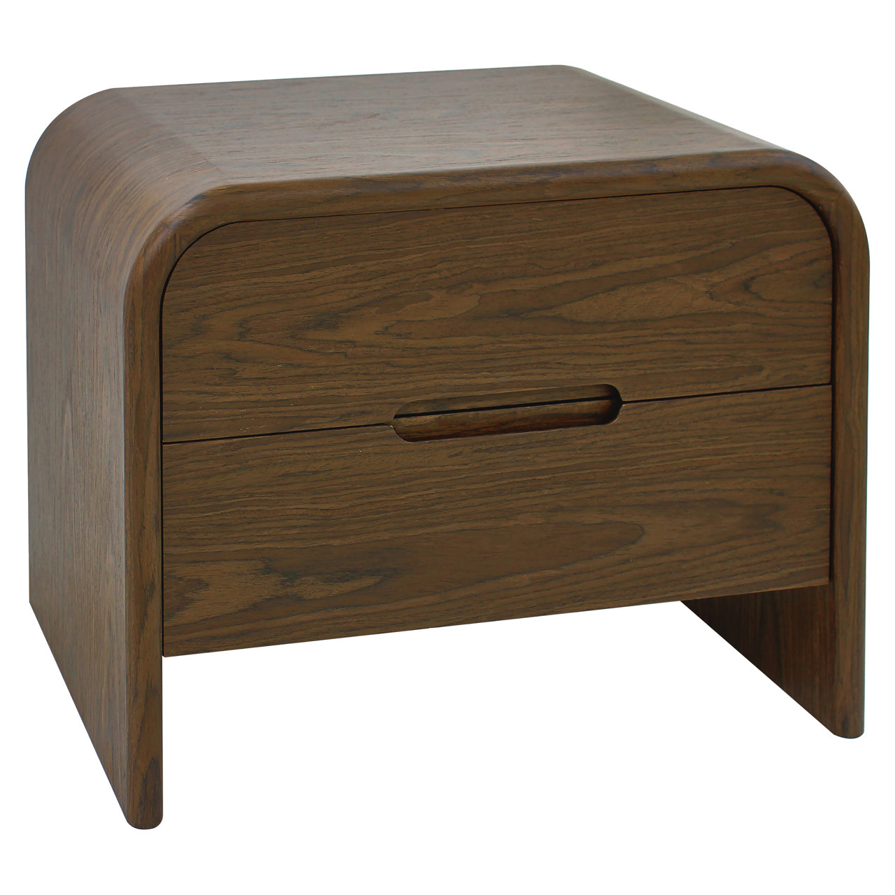 Modern curved wooden end table with 2 drawers in warm brown finish