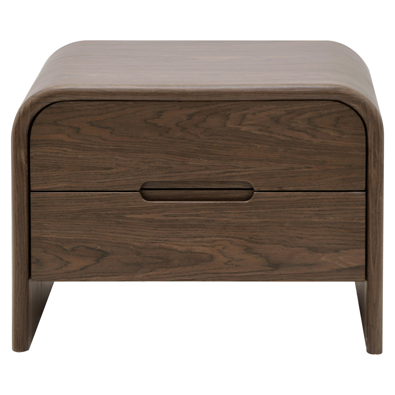 Modern curved wooden end table with 2 drawers in warm brown finish