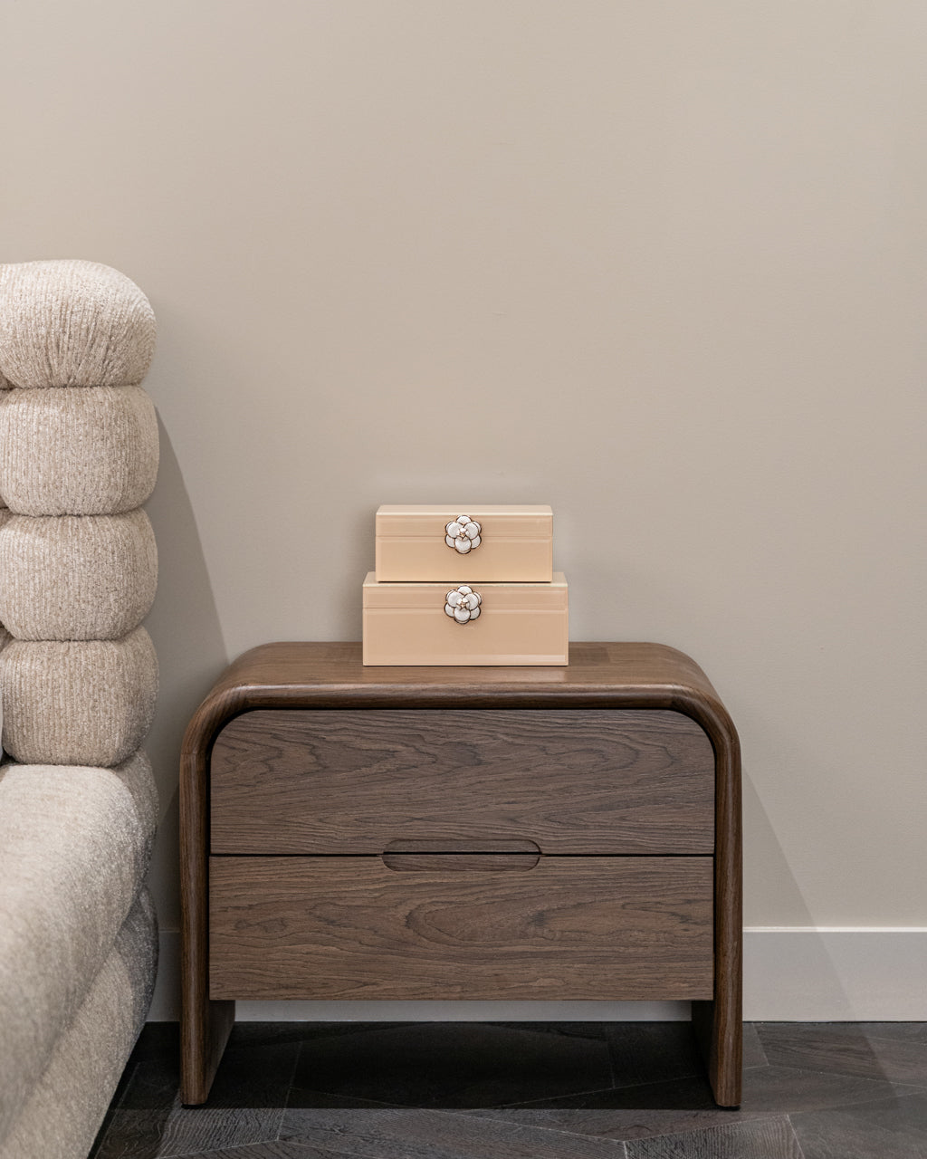 Modern curved wooden end table with 2 drawers in warm brown finish
