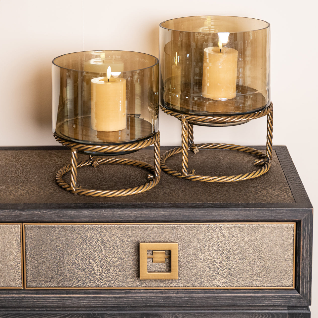 Shagreen and wood console table with drawers and gold handles