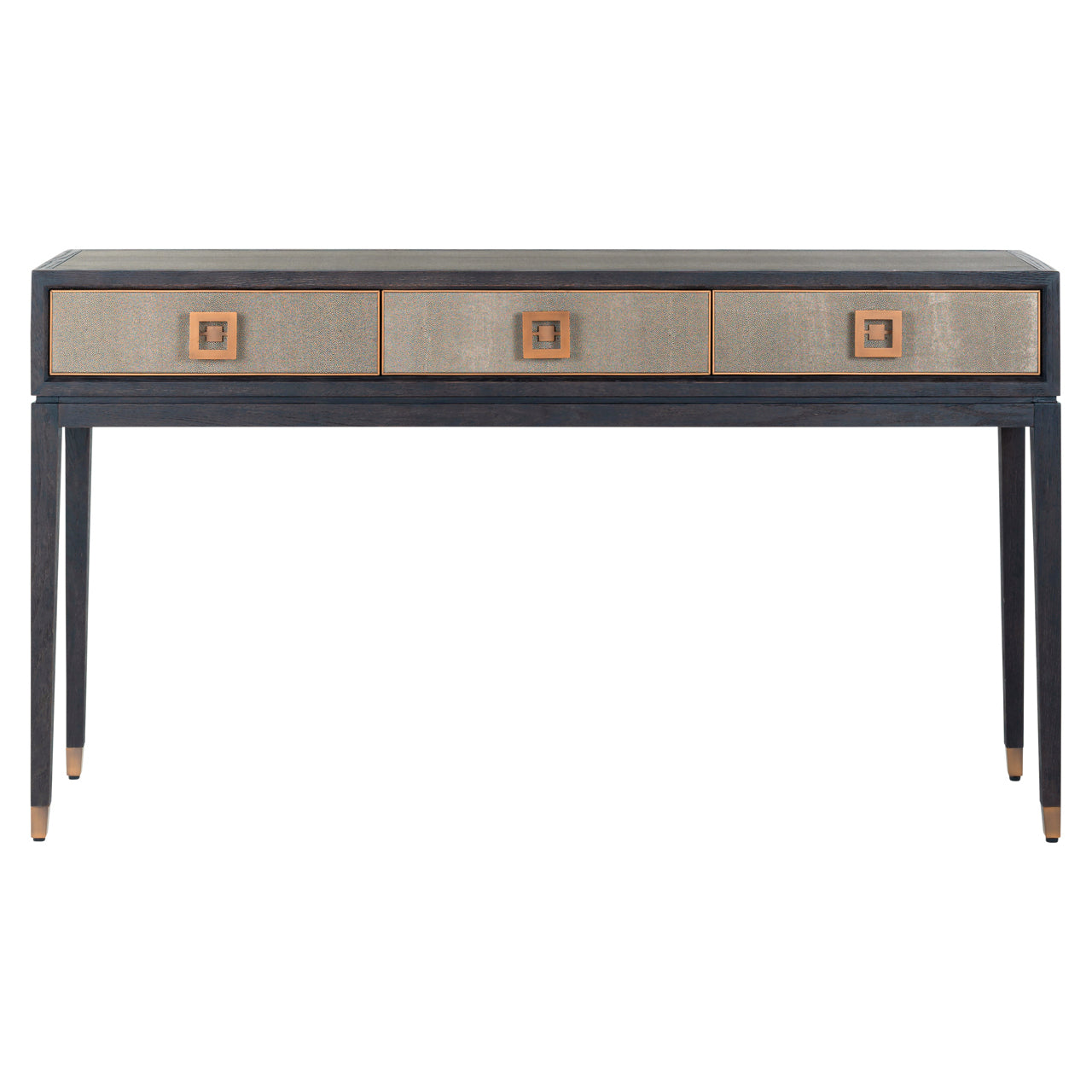 Shagreen and wood console table with drawers and gold handles