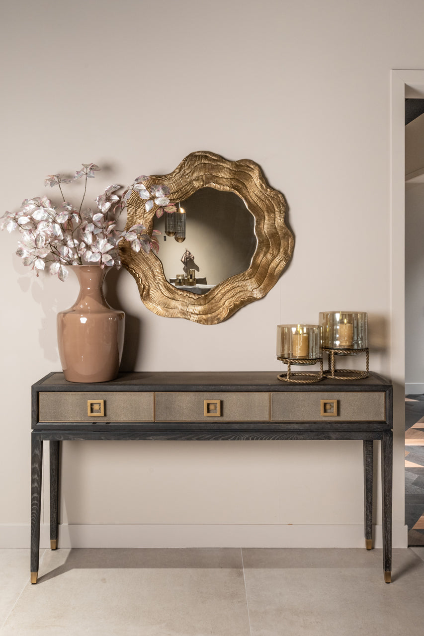 Shagreen and wood console table with drawers and gold handles