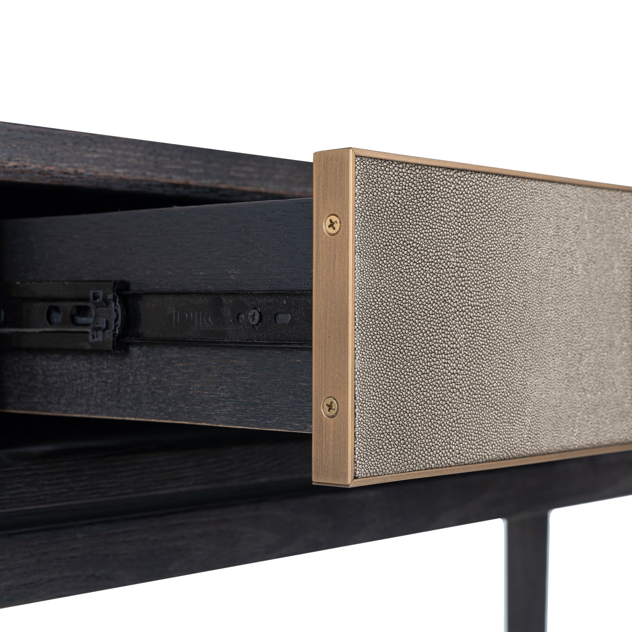 Shagreen and wood console table with drawers and gold handles