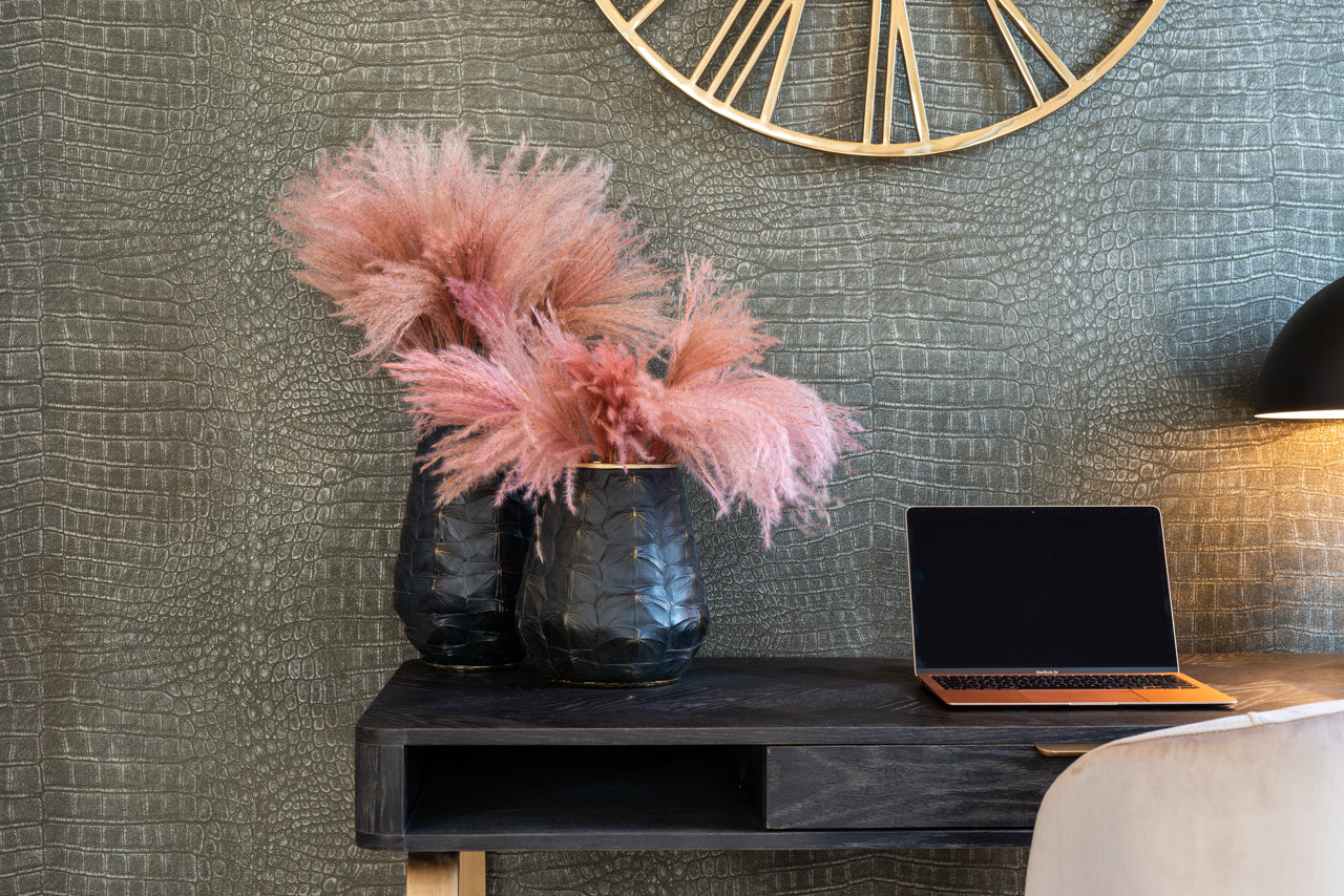 Blackbone brass desk with black oak veneer, metal frame and single drawer