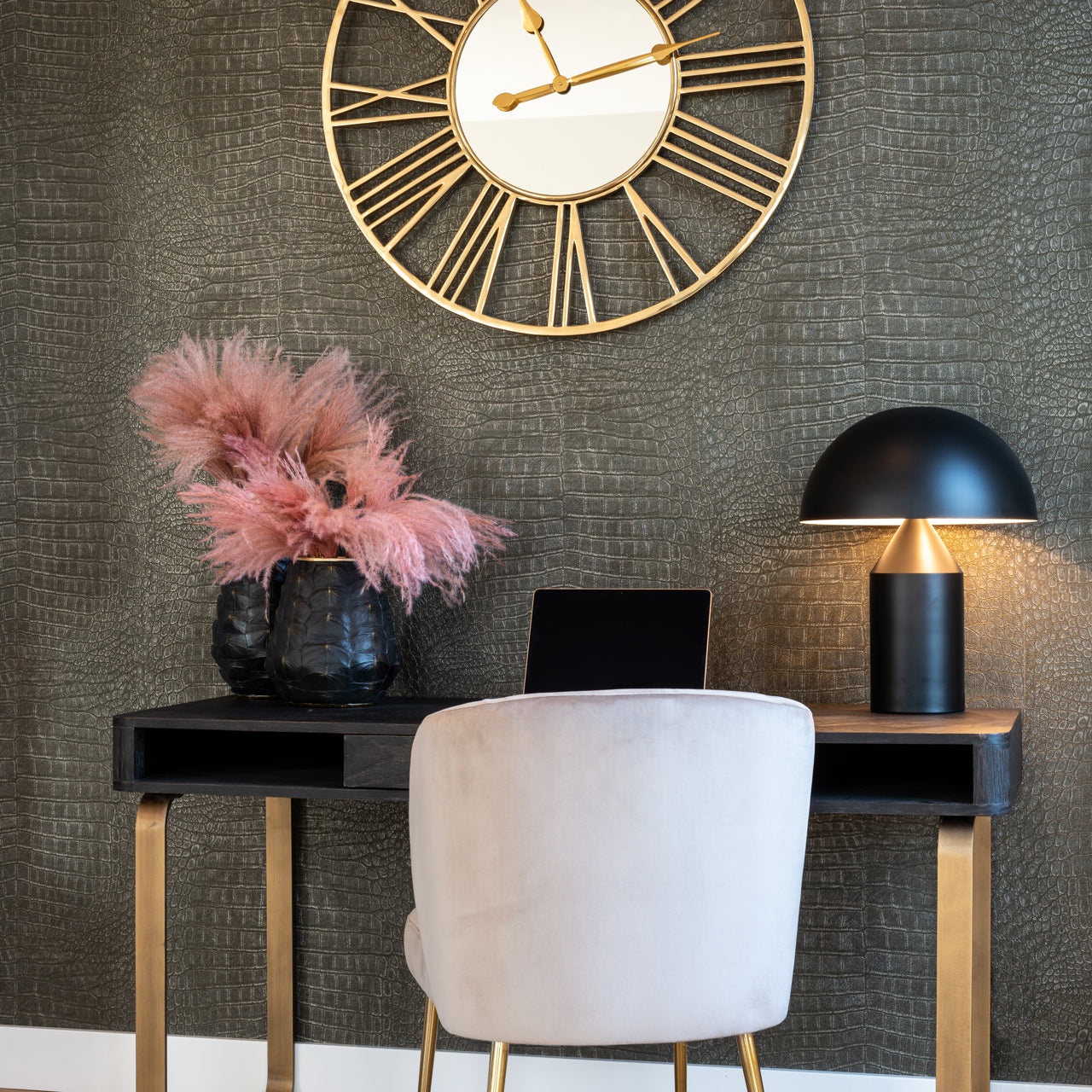 Blackbone brass desk with black oak veneer, metal frame and single drawer