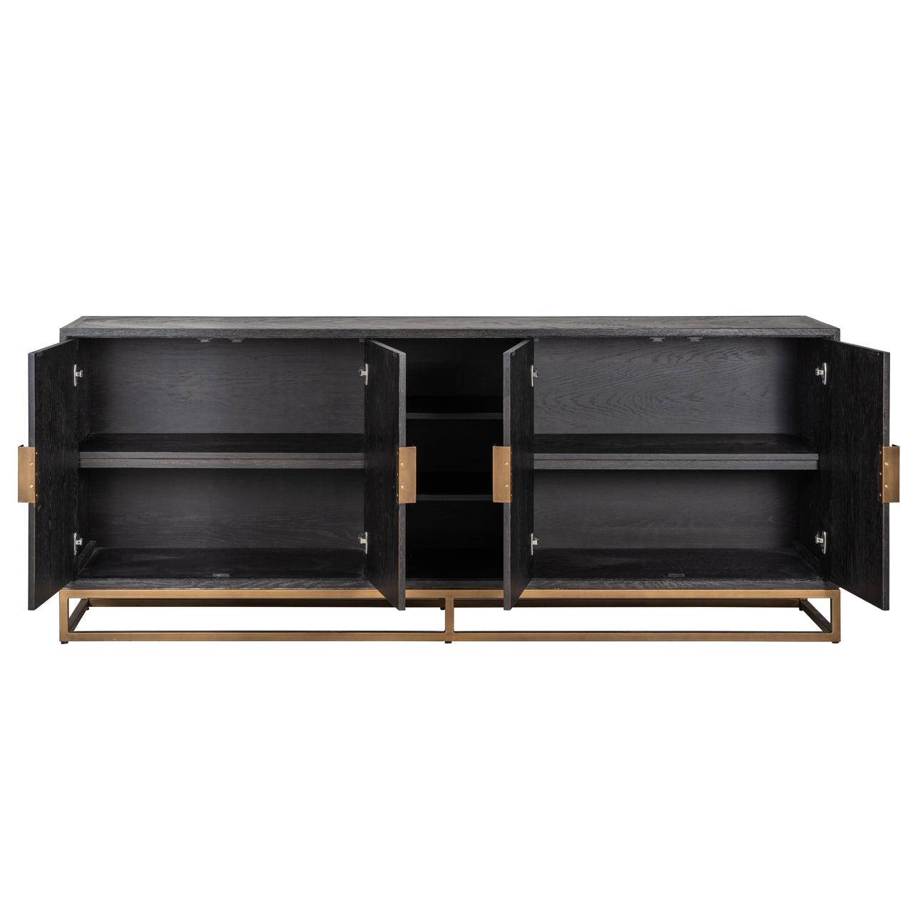 Modern black wood sideboard cabinet with brass handles and storage shelves.