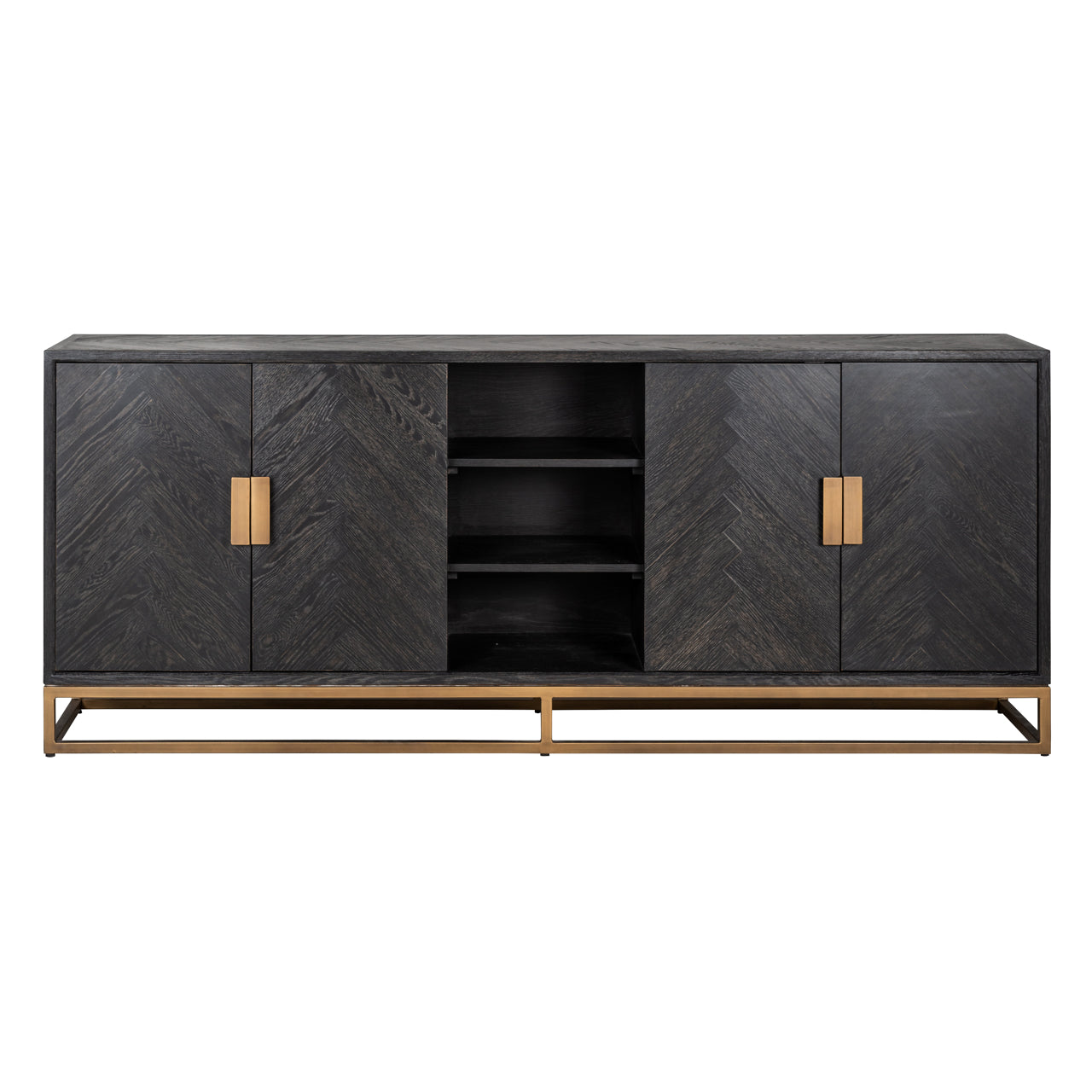 Modern black wood sideboard cabinet with brass handles and storage shelves.