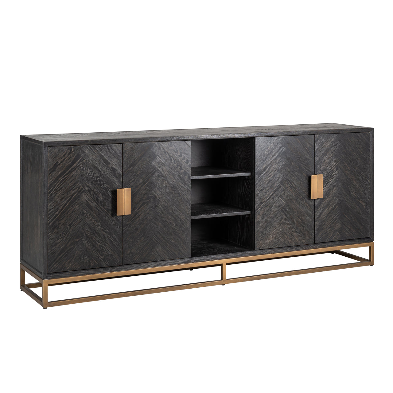 Modern black wood sideboard cabinet with brass handles and storage shelves.