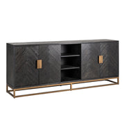 Modern black wood sideboard cabinet with brass handles and storage shelves.