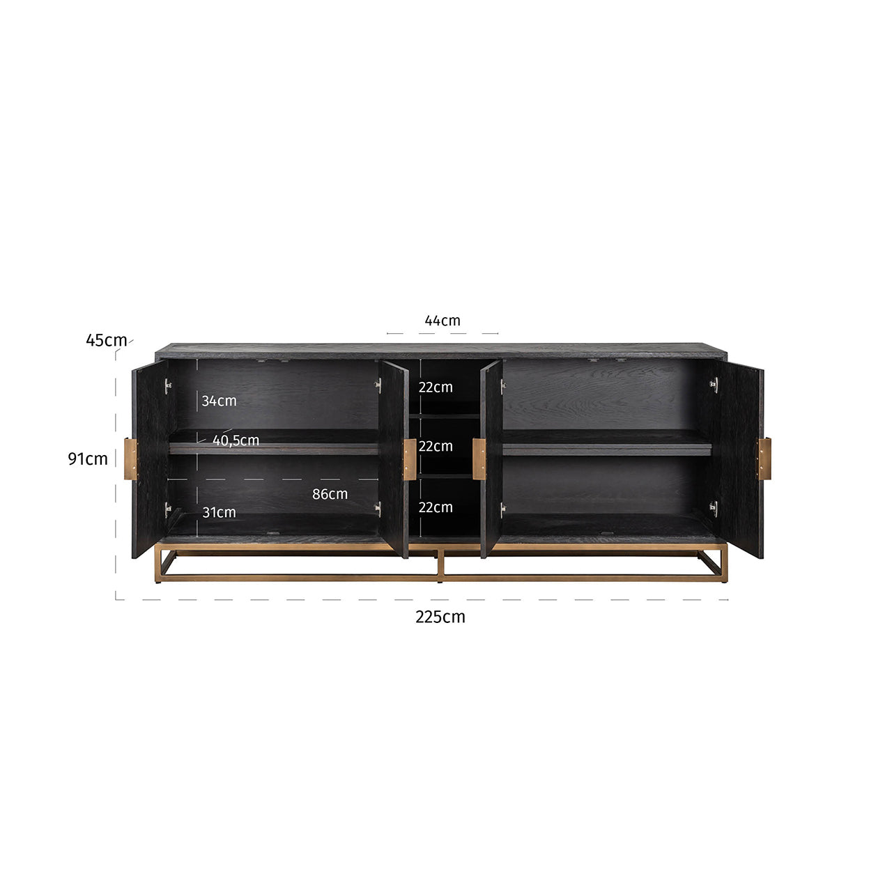 Modern black wood sideboard cabinet with brass handles and storage shelves.
