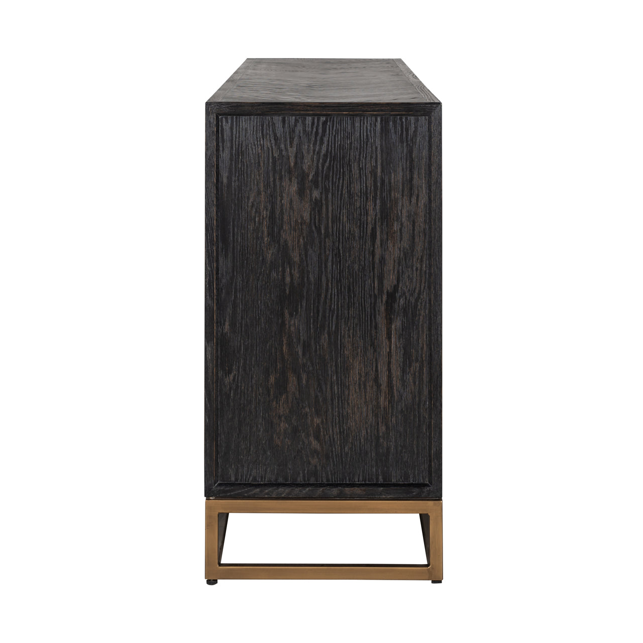 Modern black wood sideboard cabinet with brass handles and storage shelves.