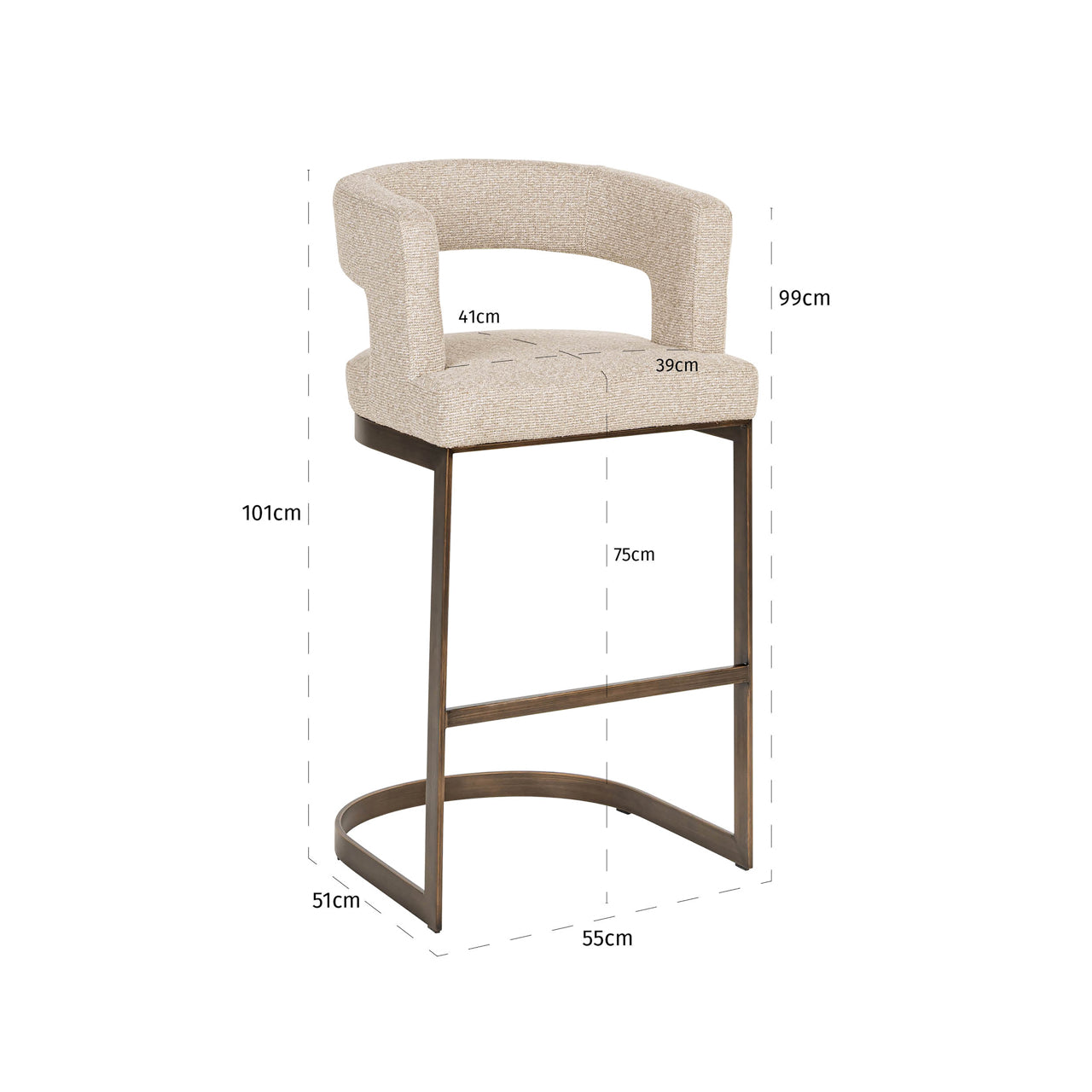 Modern bar stool with biscotti upholstery  and bronze metal