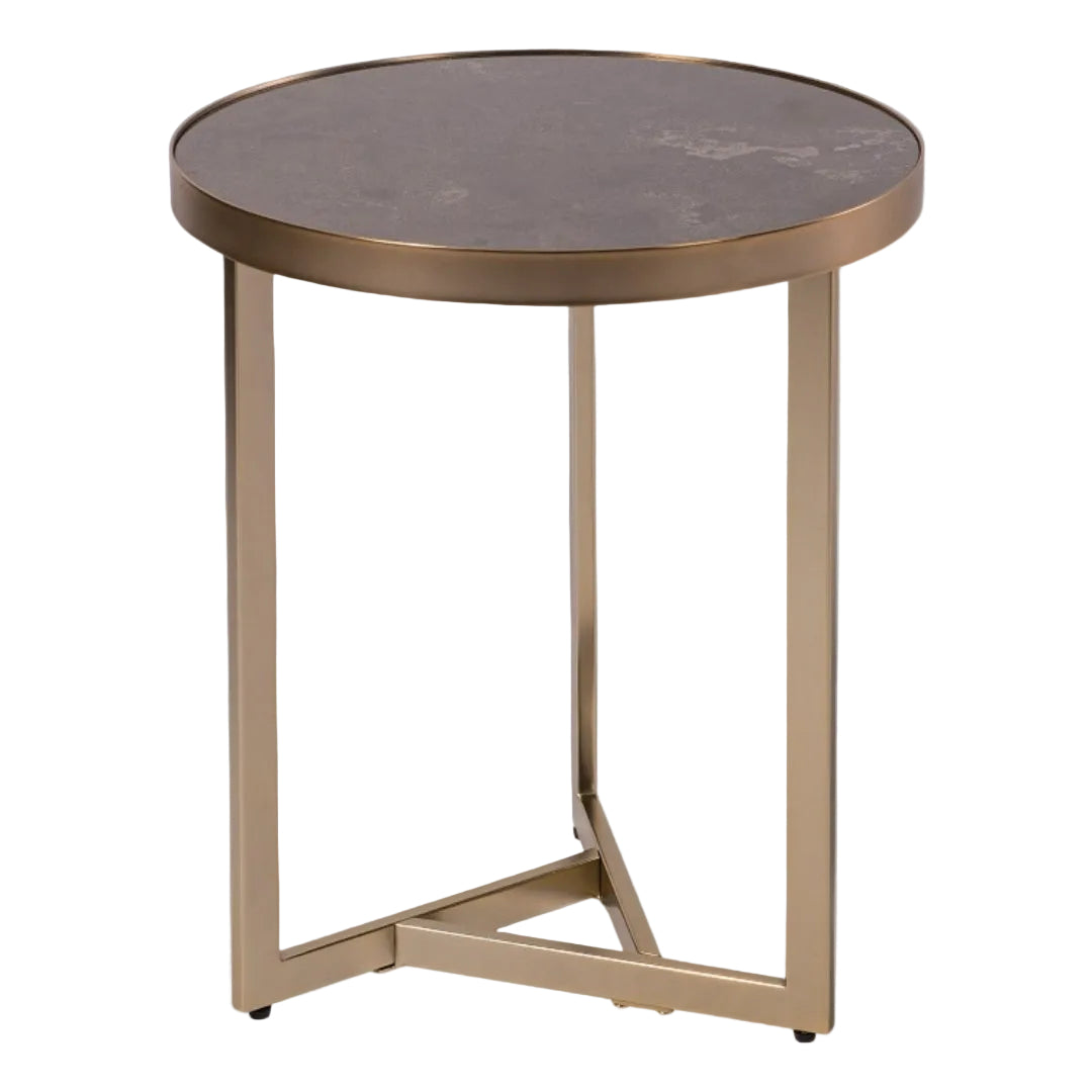 Luxury Caldera Side Table with a  caviar marble top with a matte champagne base