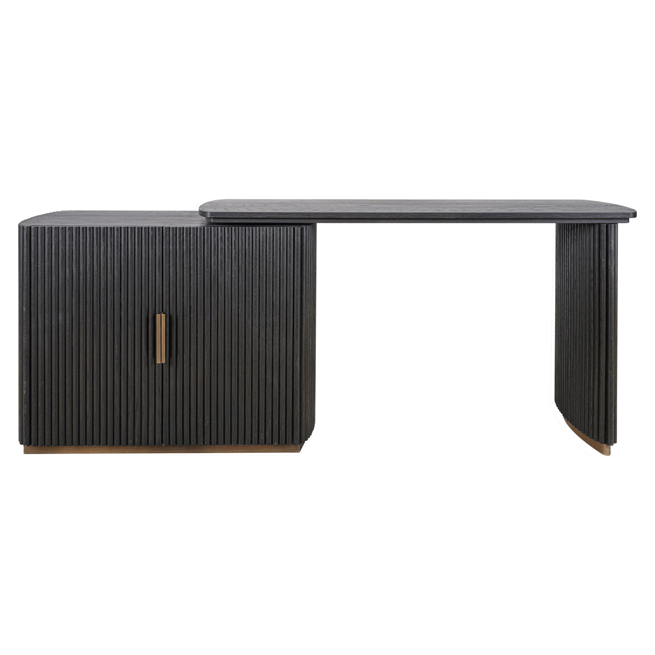 Contemporary dark wood office desk with brass accents and storage