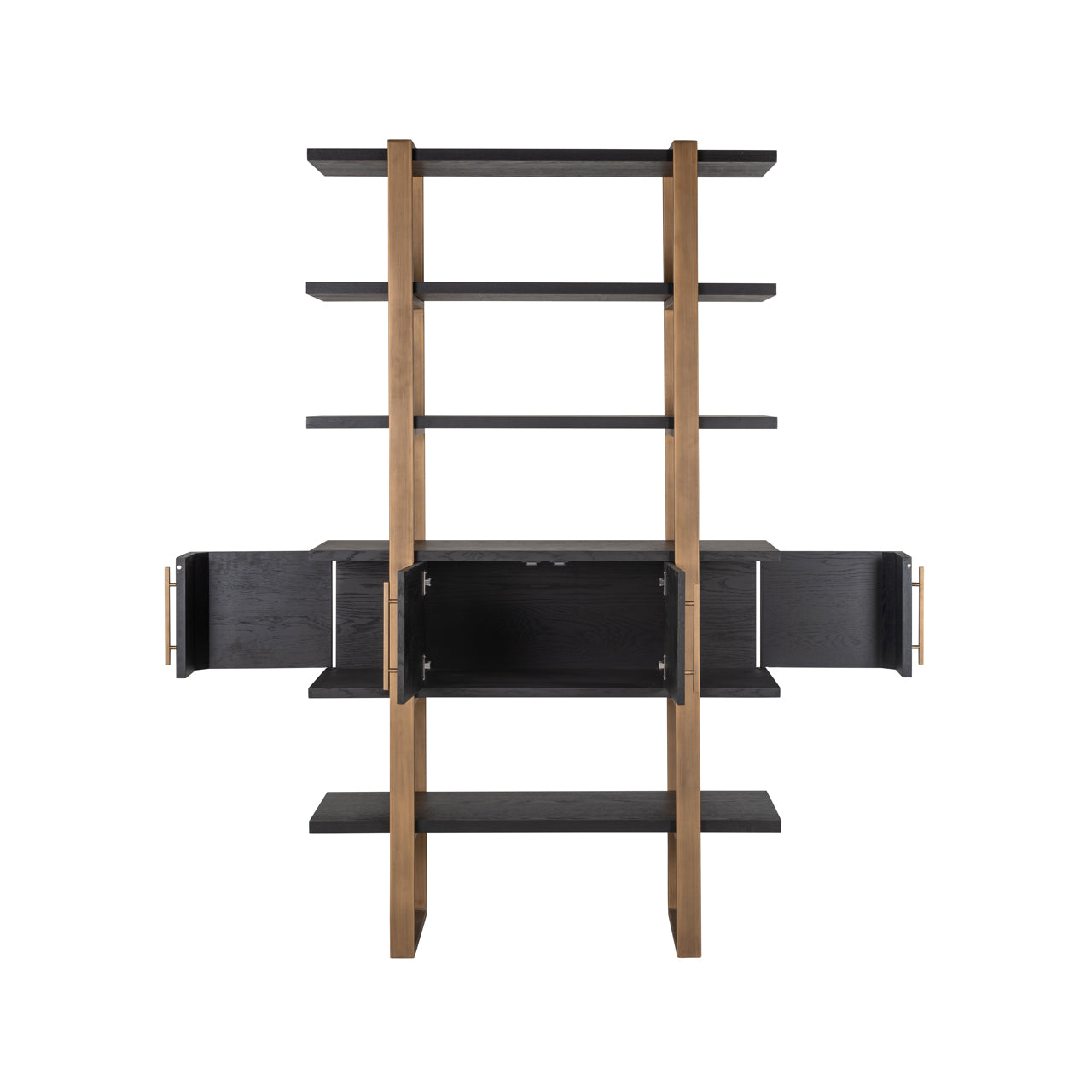 dark coffee wood with brass accents and open display shelves