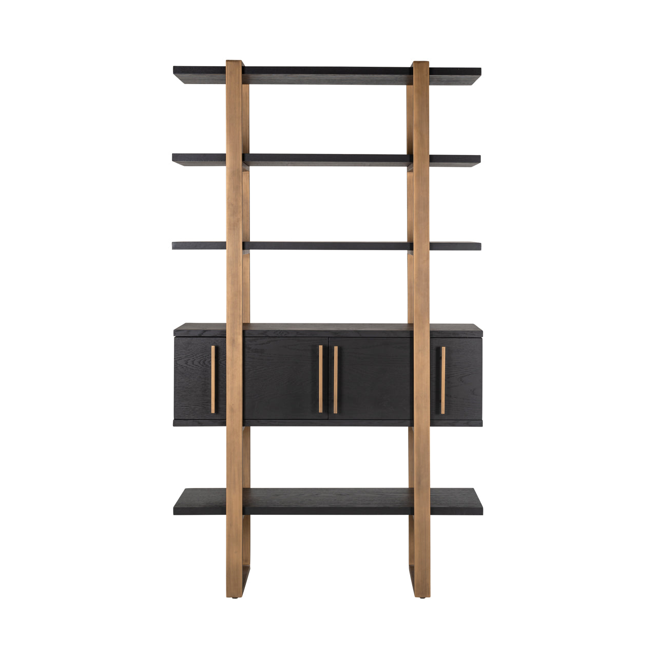 dark coffee wood with brass accents and open display shelves