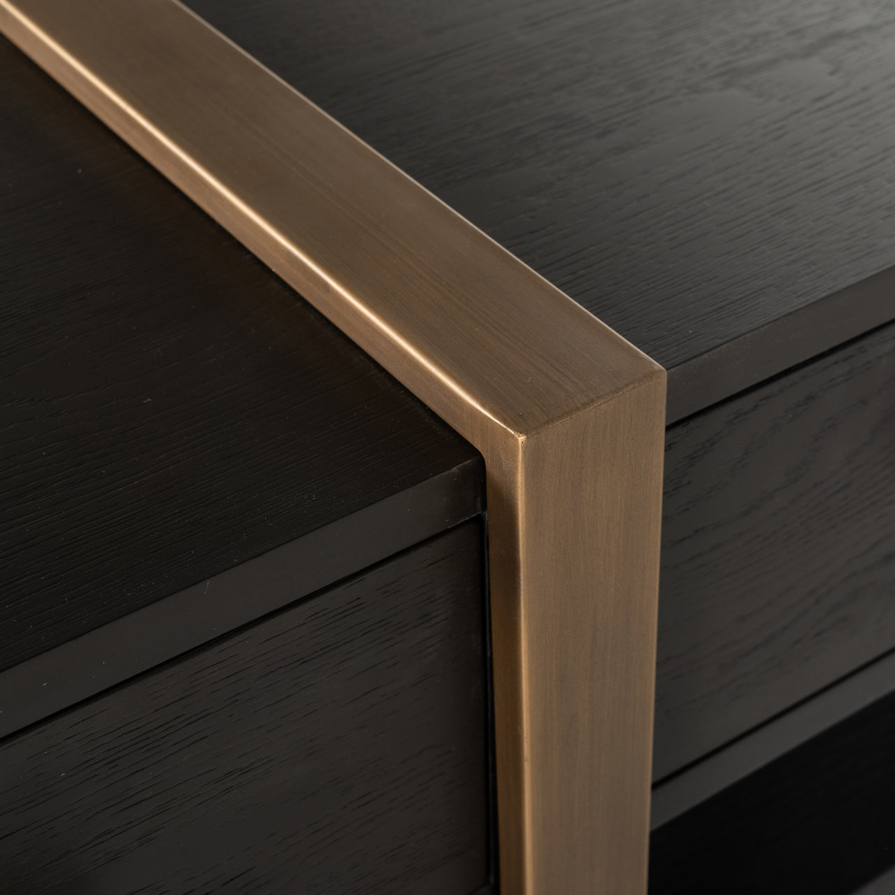 Dark wood and gold media unit with storage drawers 