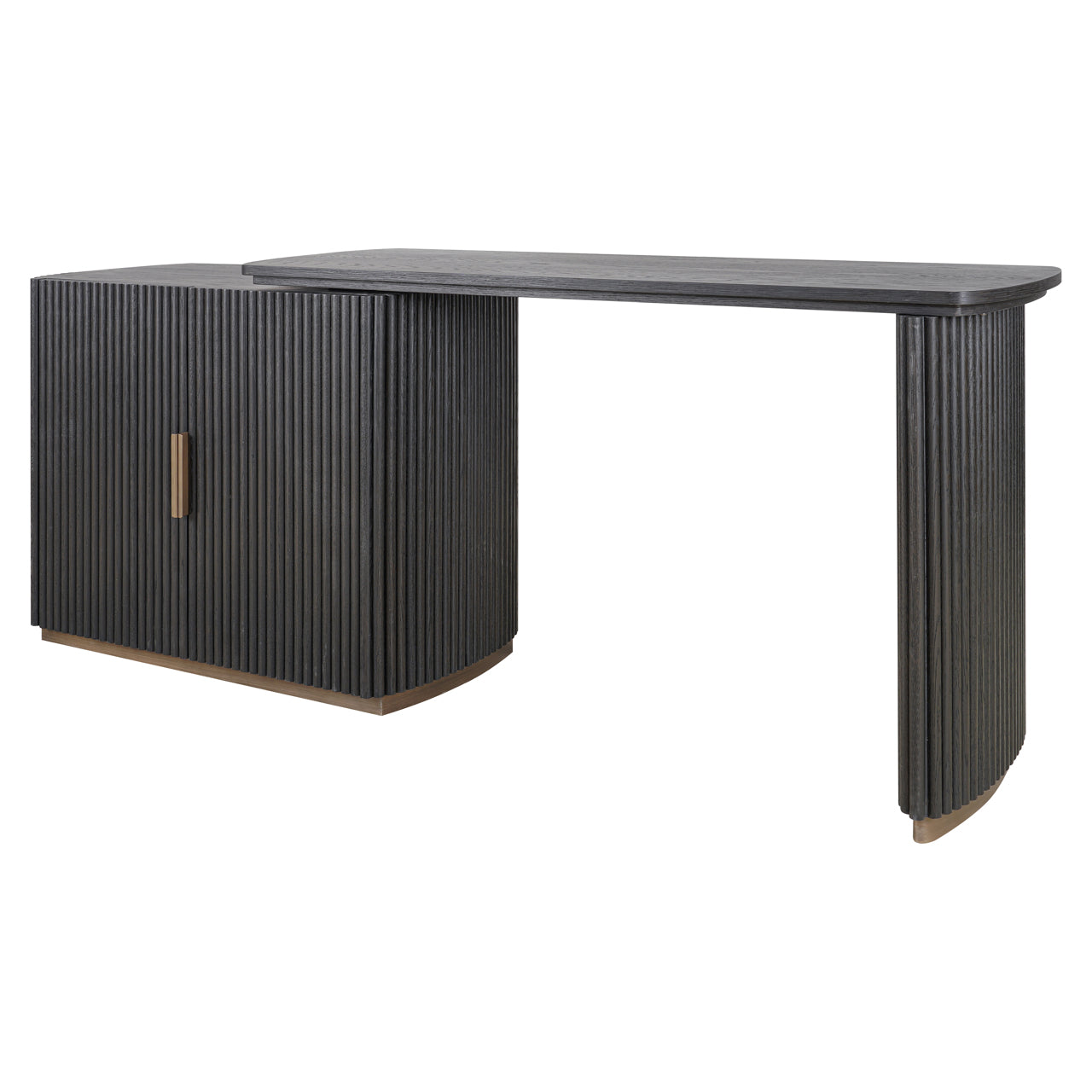 Contemporary dark wood office desk with brass accents and storage