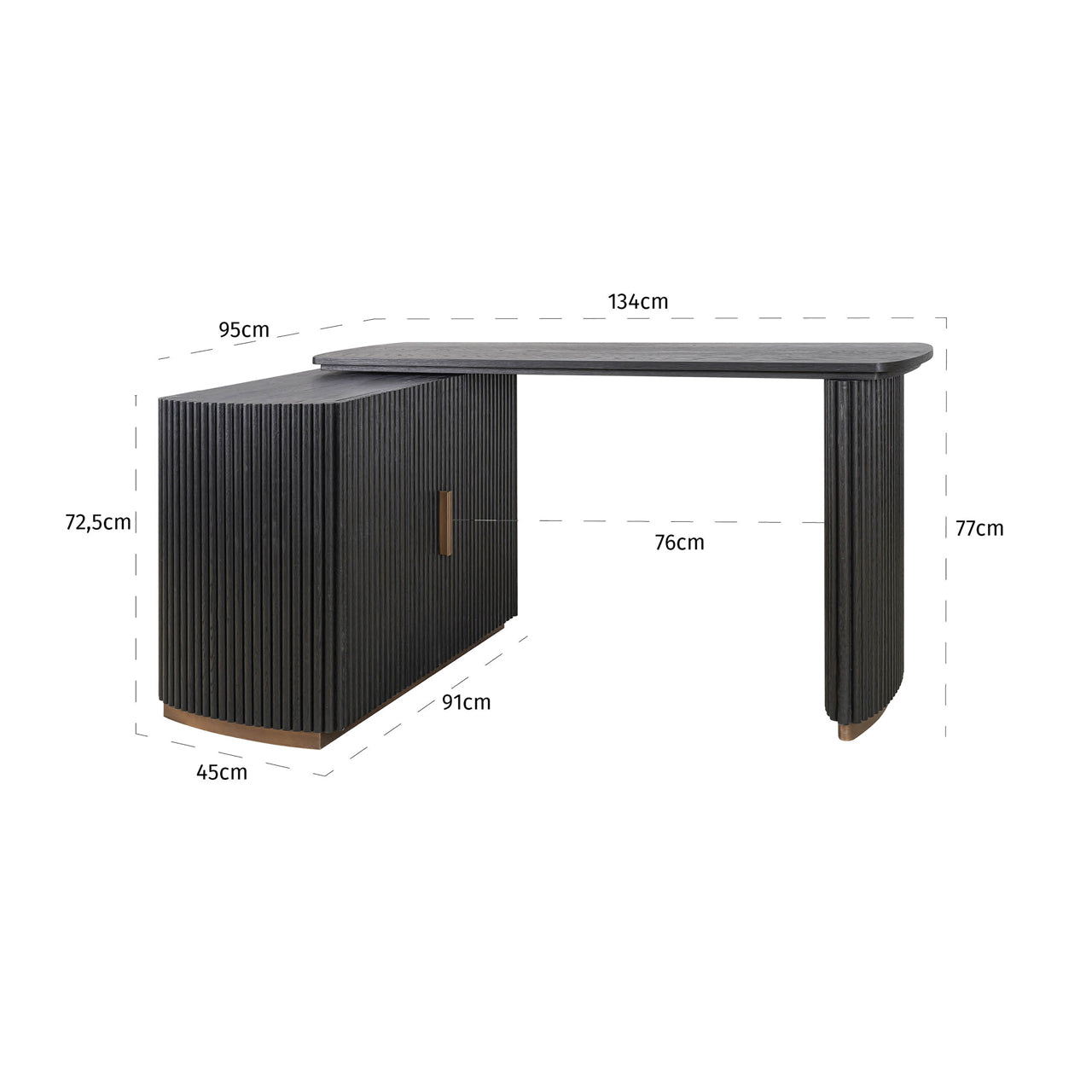 Contemporary dark wood office desk with brass accents and storage