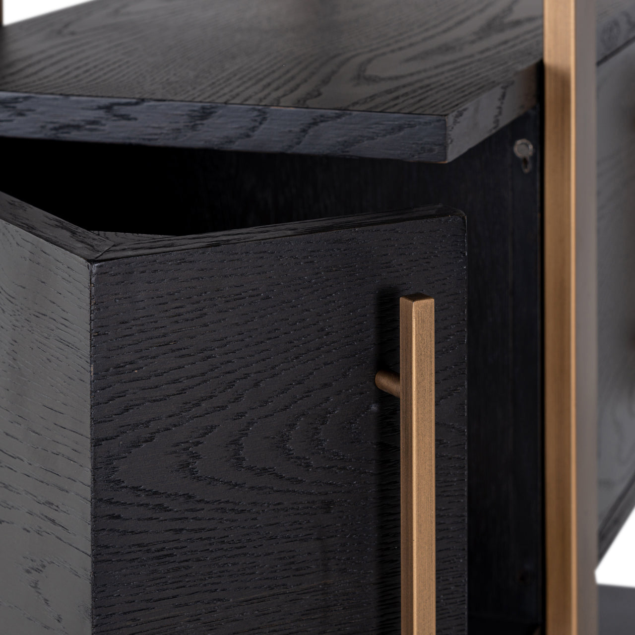 dark coffee wood with brass accents and open display shelves