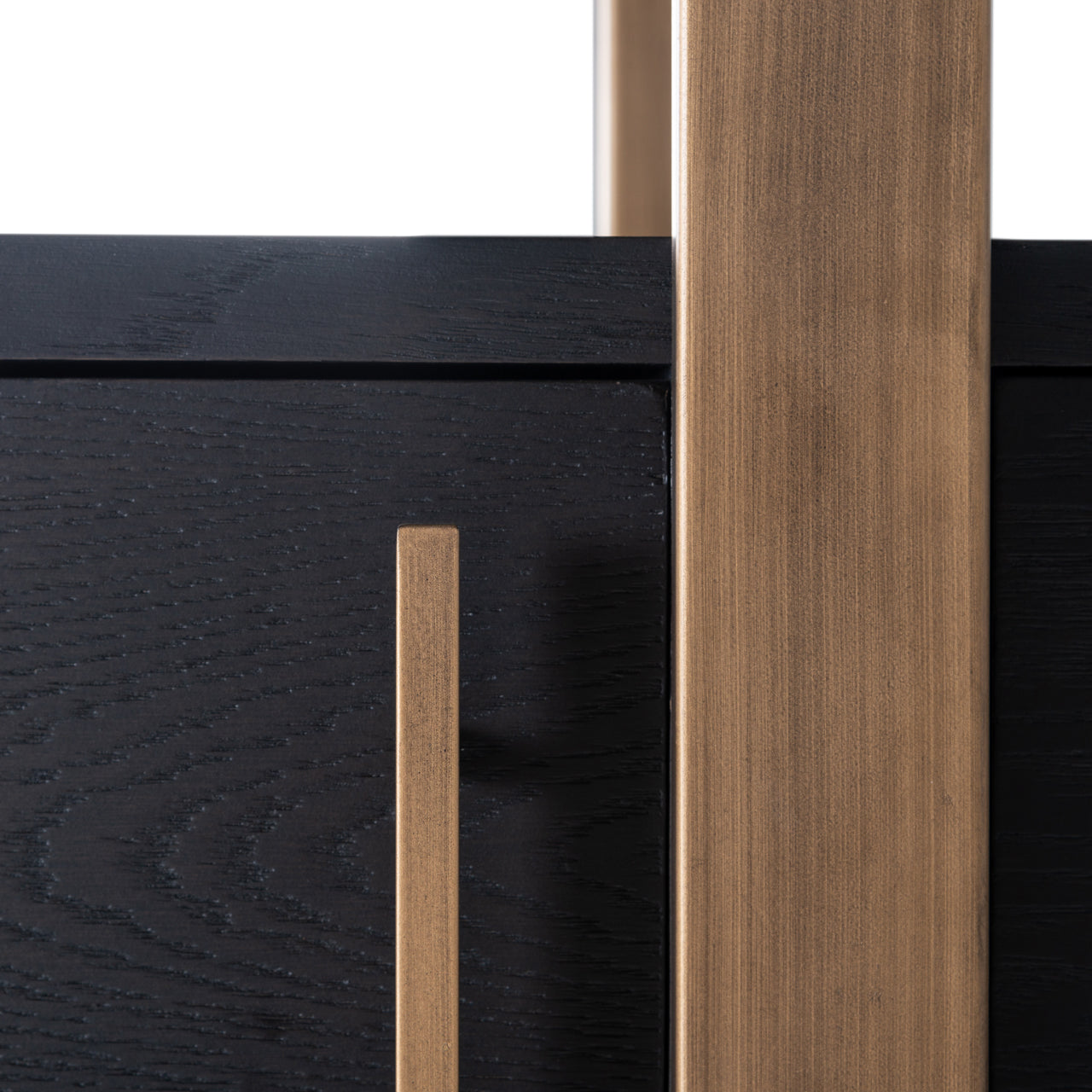 dark coffee wood with brass accents and open display shelves