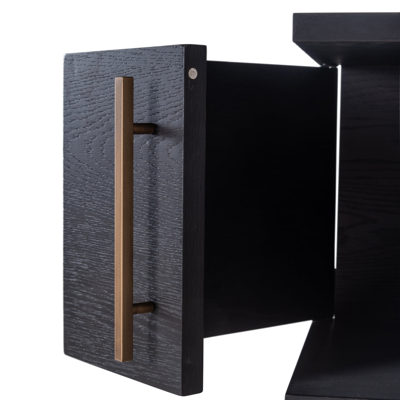 dark coffee wood with brass accents and open display shelves