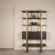 dark coffee wood with brass accents and open display shelves