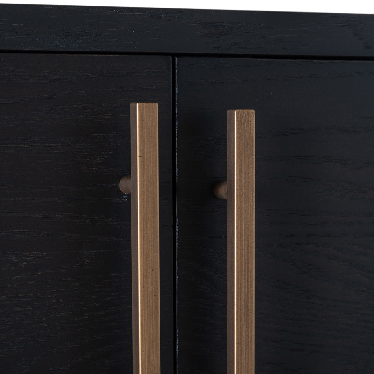dark coffee wood with brass accents and open display shelves