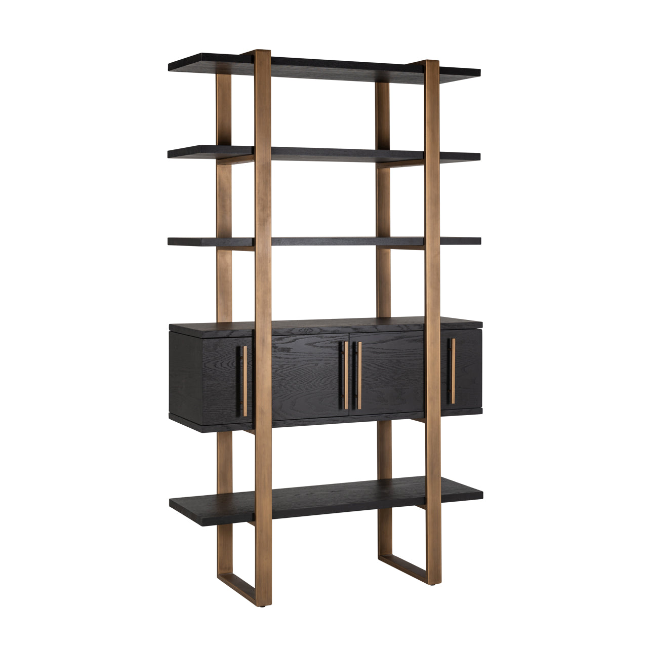 Dark coffee wood with brass accents and open display shelves
