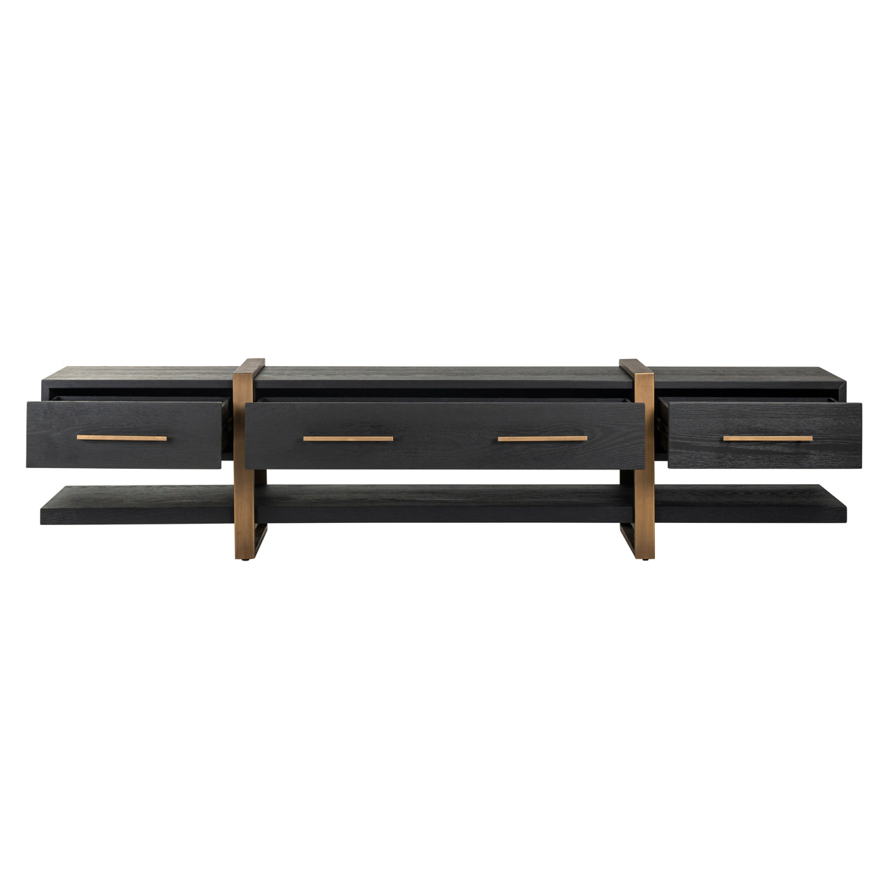 Dark wood and gold media unit with storage drawers 