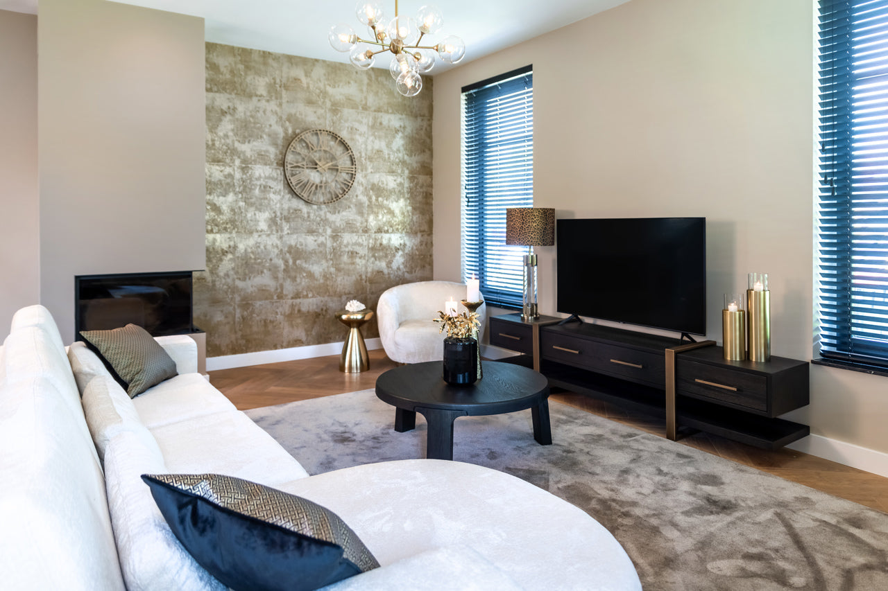 Dark wood and gold media unit with storage drawers 
