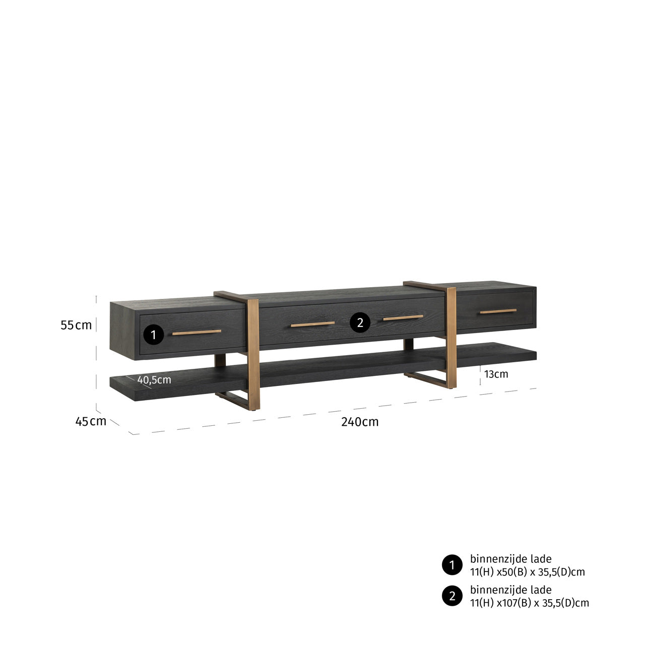 Dark wood and gold media unit with storage drawers 