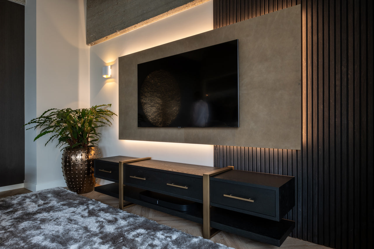Sideboard tv unit  in Dark Wood with brass handles 