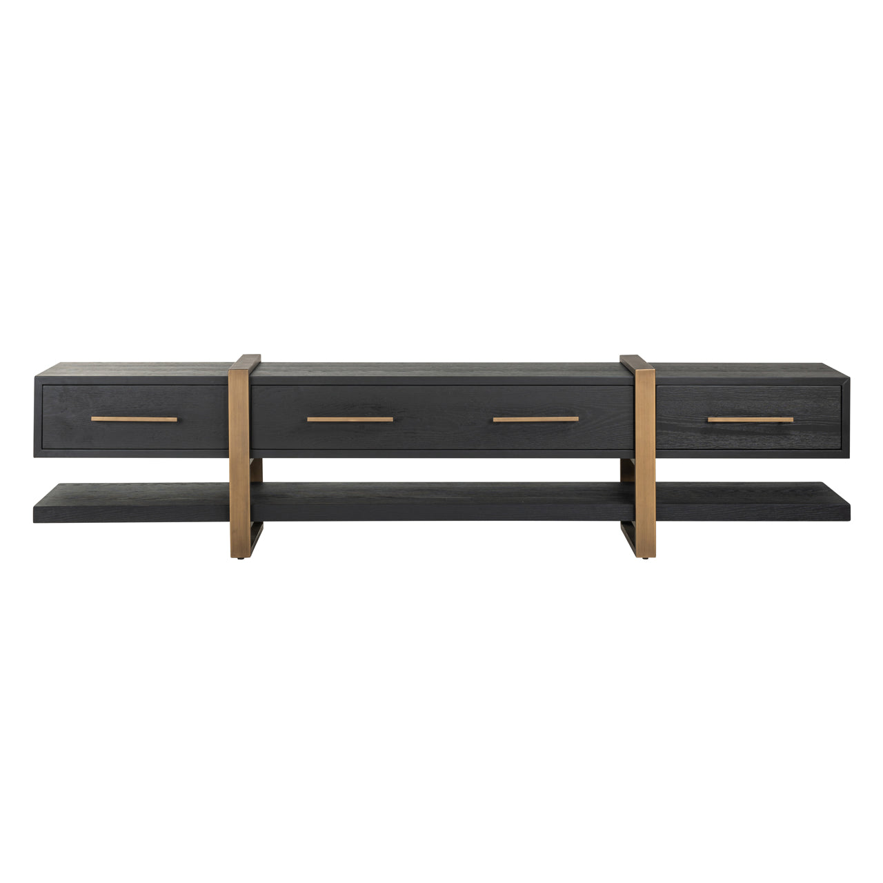 Dark wood and gold media unit with storage drawers 