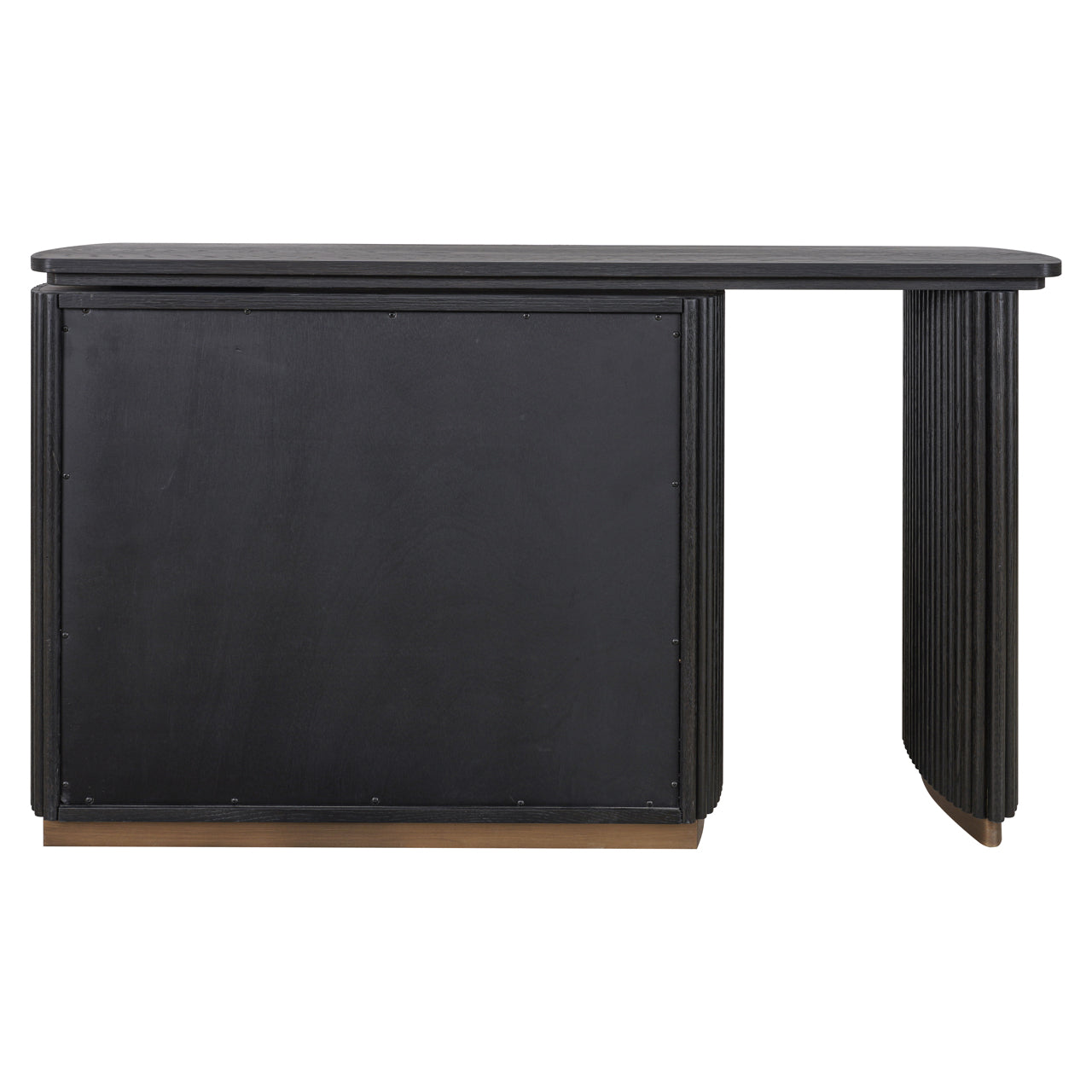Contemporary dark wood office desk with brass accents and storage