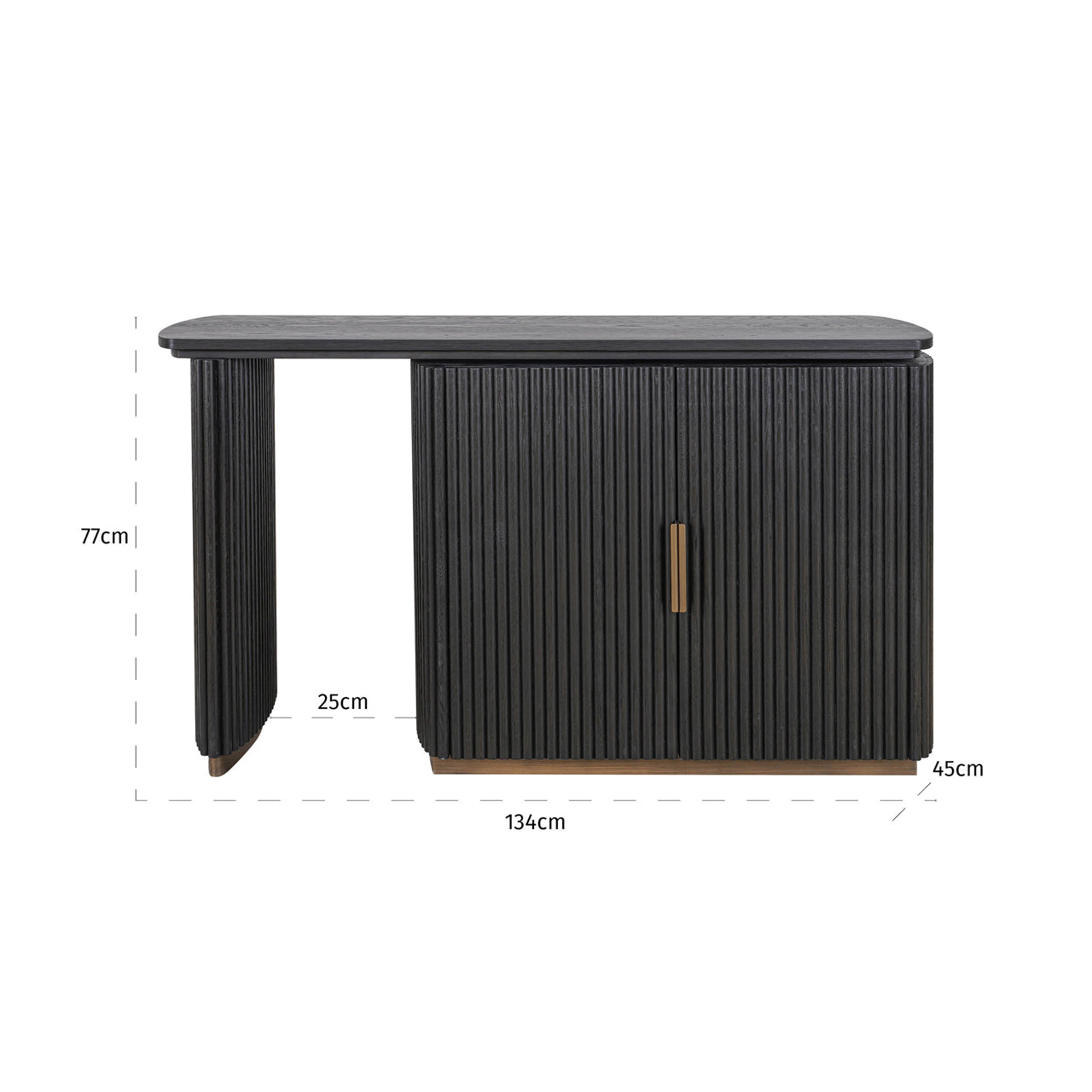 Contemporary dark wood office desk with brass accents and storage