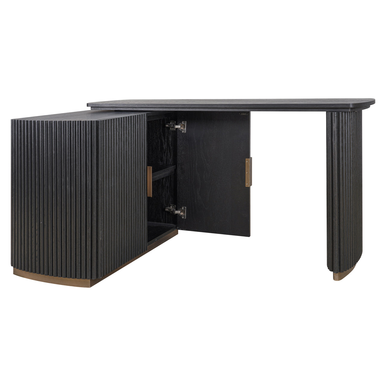 Contemporary dark wood office desk with brass accents and storage