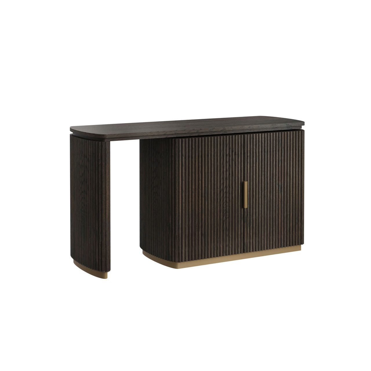 Contemporary dark wood office desk with brass accents and storage